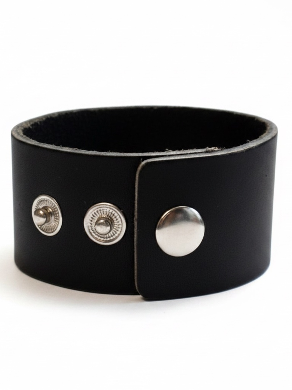 Black leather cuff bracelet featuring three silver-toned Cross - Picture 2 of 3